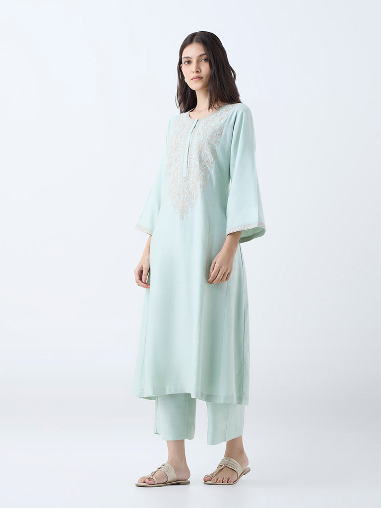 Zuba Mint Floral Embroidered A-Line Kurta
