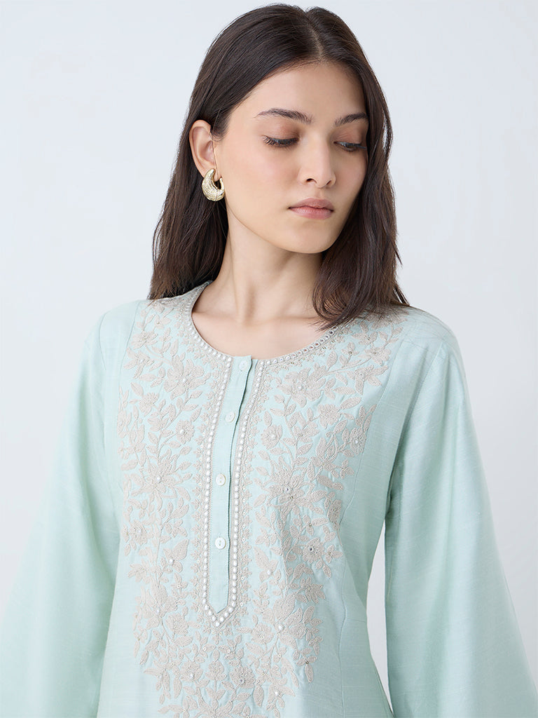 Zuba Mint Floral Embroidered A-Line Kurta