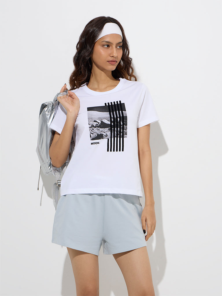 Westside Studiofit Women's White Printed Cotton T-Shirt for Sports Wear Front View