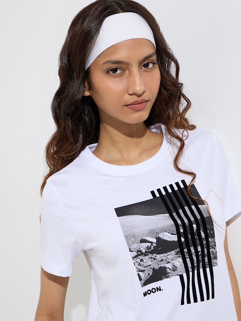 Westside Studiofit Women's White Printed Cotton T-Shirt for Sports Wear Zoom View