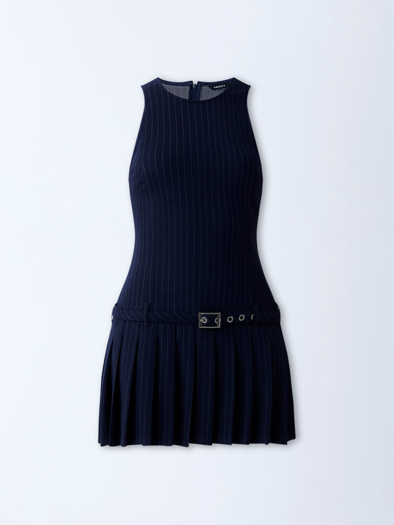 Nuon Navy Stripe Drop-Waist Dress with Belt