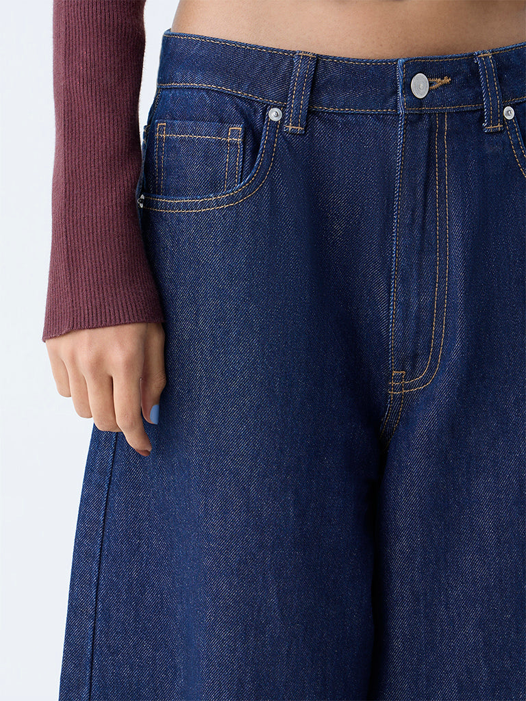 Nuon Dark Blue Barrel-Fit High-Rise Jeans