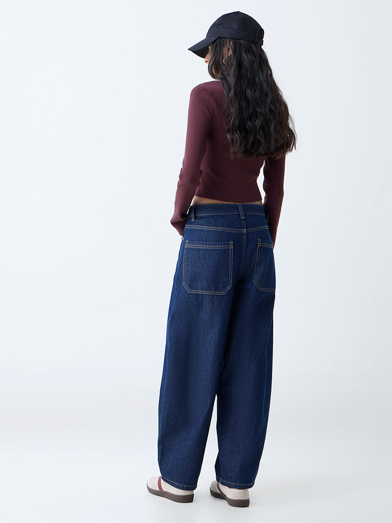 Nuon Dark Blue Barrel-Fit High-Rise Jeans