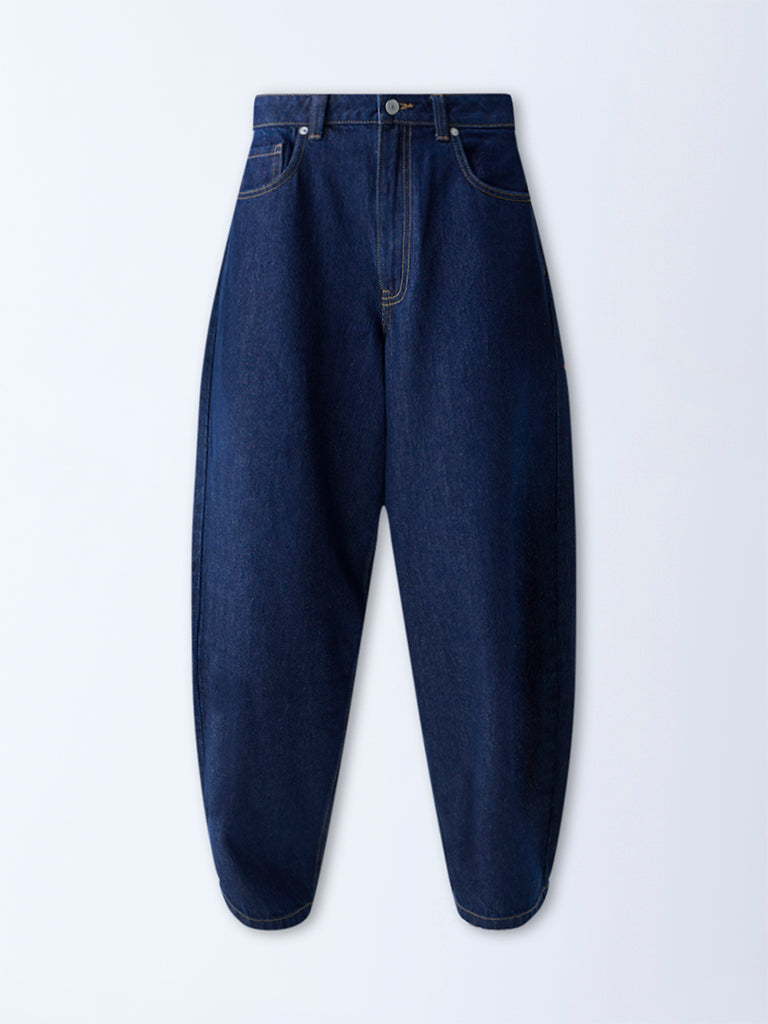 Nuon Dark Blue Barrel-Fit High-Rise Jeans