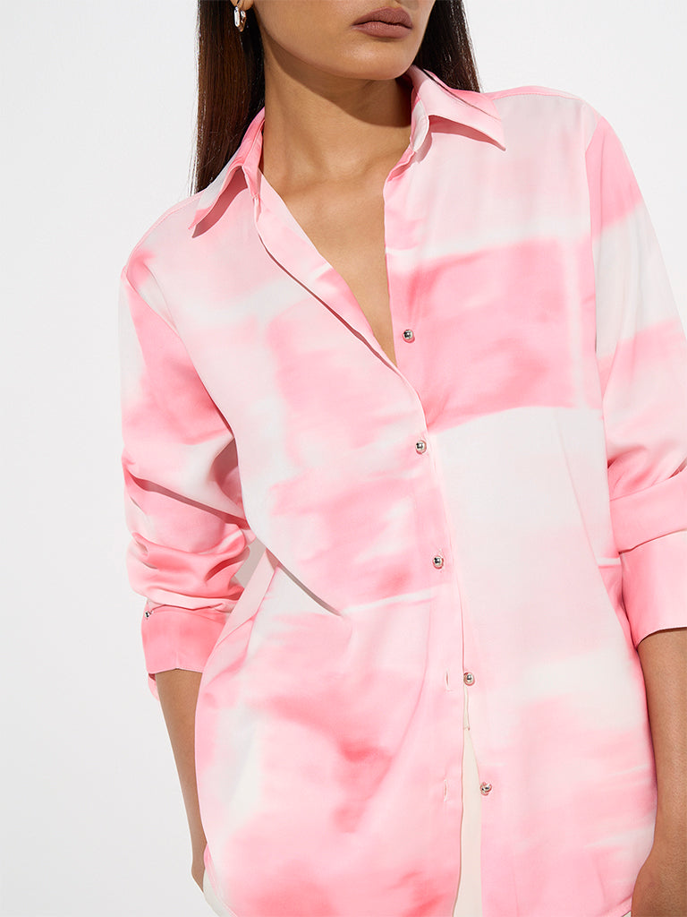 Westside Wardrobe Women's Pink Tie-Dye Printed Satin Shirt for Work Wear Zoomed View