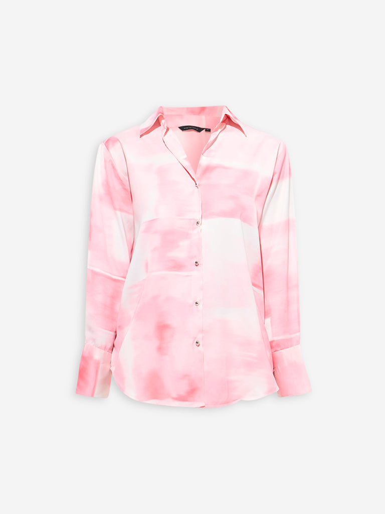 Westside Wardrobe Women's Pink Tie-Dye Printed Satin Shirt for Work Wear Flatly