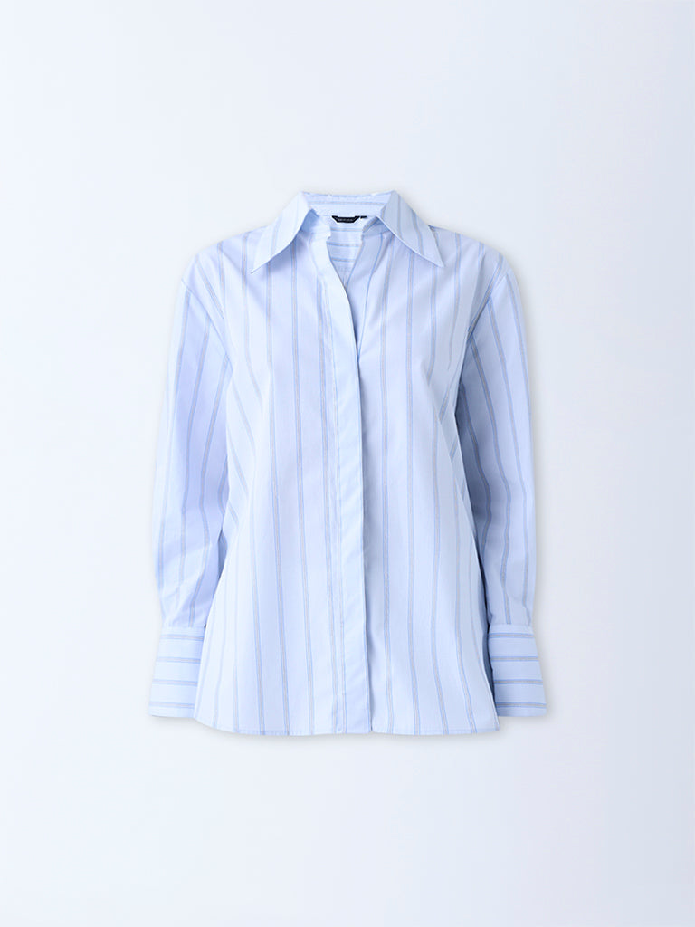 Westside Wardrobe Women's Blue Stripe Pattern Cotton Shirt for Work Wear Flatly