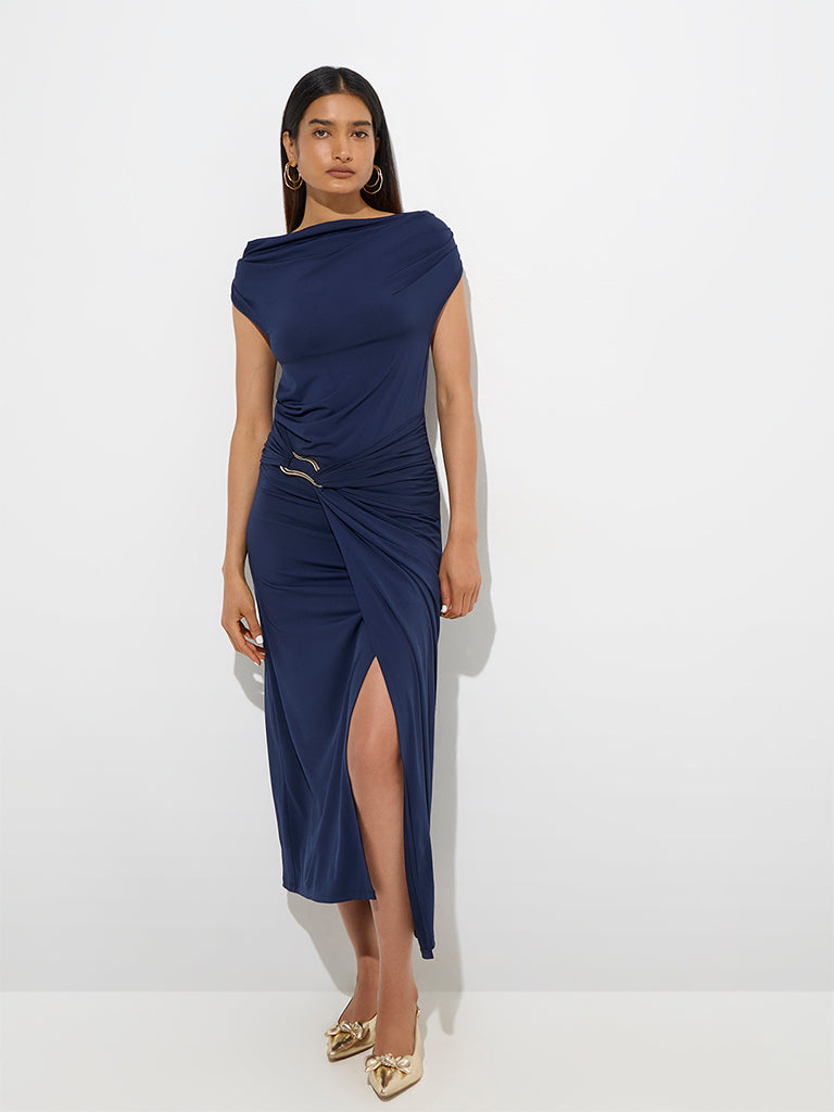 Westside Wardrobe Women's Navy Ruched Midi Dress for Work Wear Front View