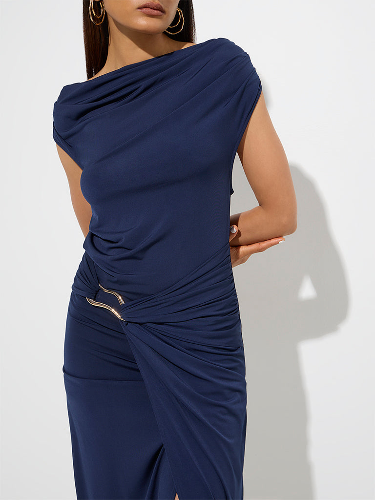 Westside Wardrobe Women's Navy Ruched Midi Dress for Work Wear Zoomed View
