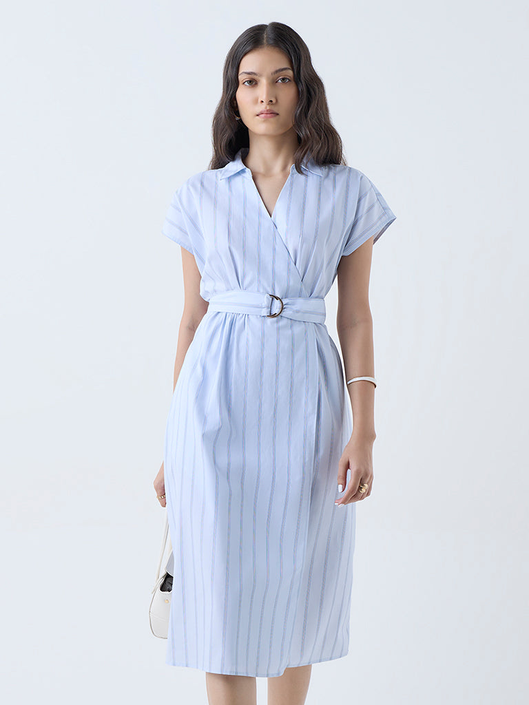 Westside Wardrobe Women's Light Blue Striped Cotton Wrap Dress with Belt for Work Wear Front View