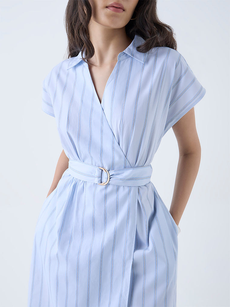 Westside Wardrobe Women's Light Blue Striped Cotton Wrap Dress with Belt for Work Wear Zoomed View