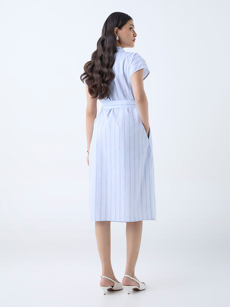 Westside Wardrobe Women's Light Blue Striped Cotton Wrap Dress with Belt for Work Wear Back View
