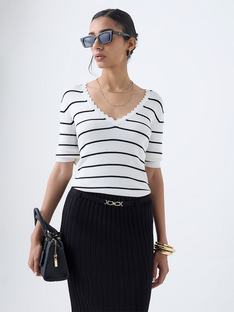 Wardrobe White Striped Ribbed Top