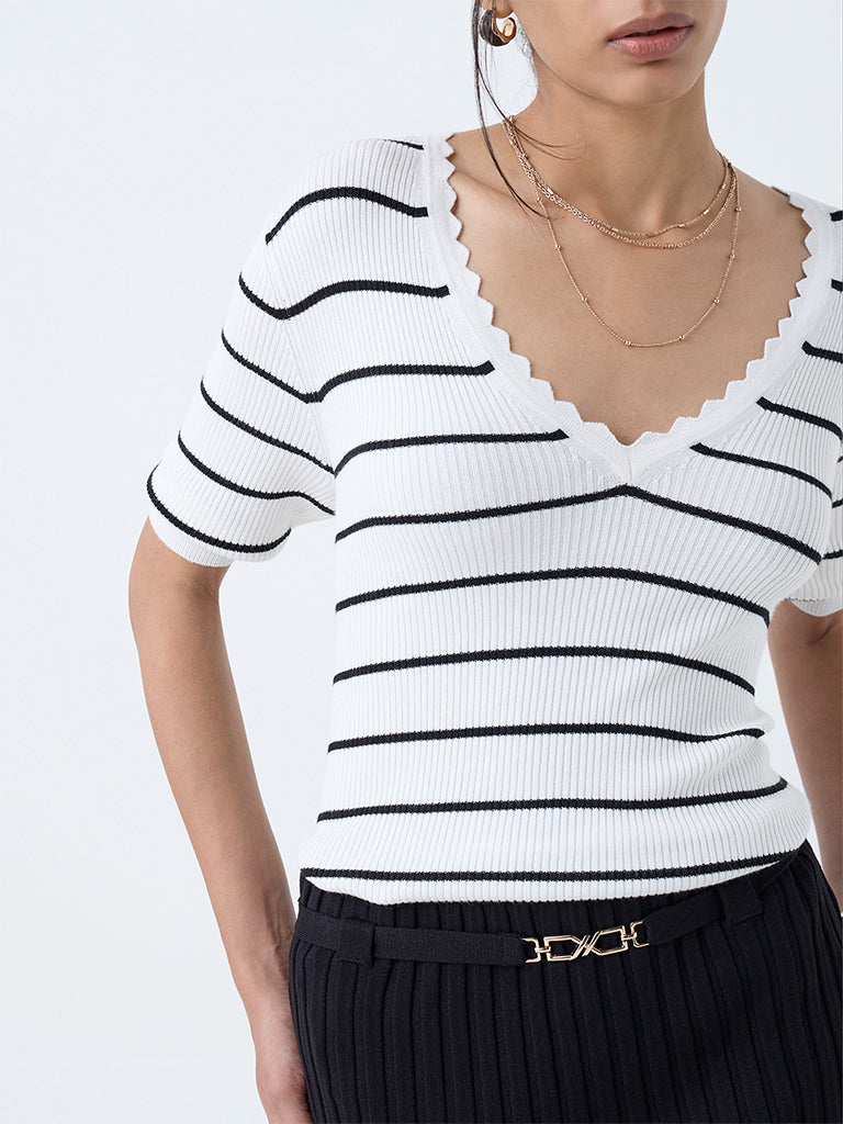 Wardrobe White Striped Ribbed Top