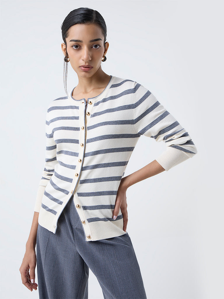 Buy Wardrobe Cream Striped Cardigan from Westside
