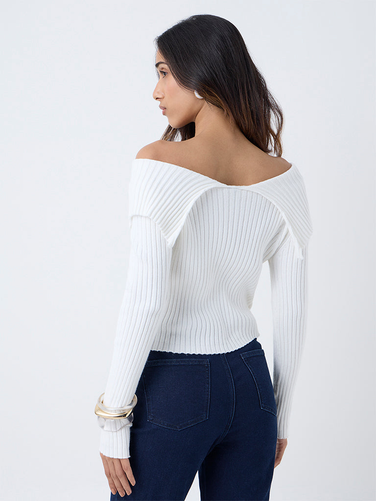 LOV White Ribbed Off-Shoulder Top
