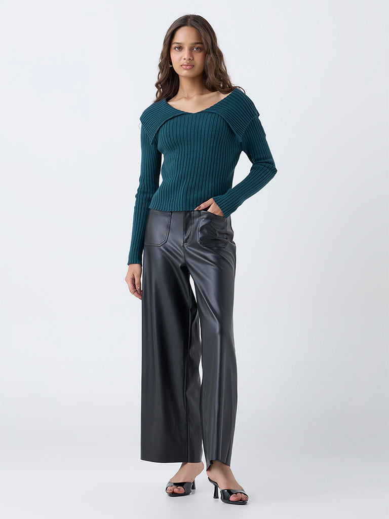 LOV Teal Ribbed-Textured Top