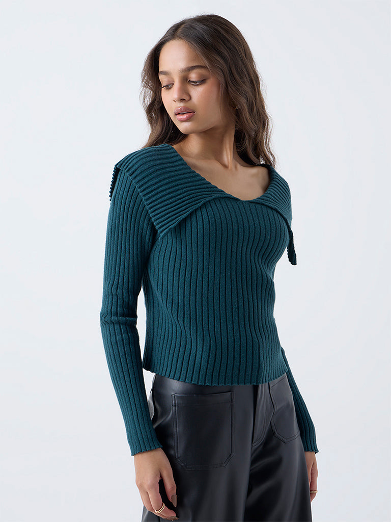 LOV Teal Ribbed-Textured Top