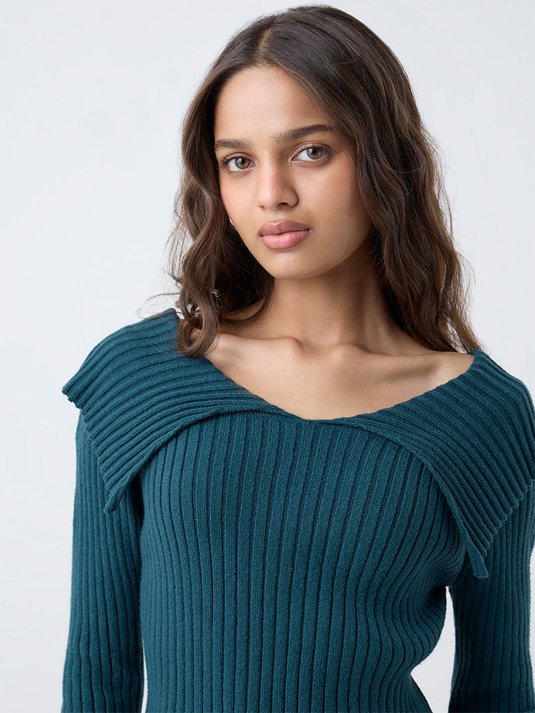 LOV Teal Ribbed-Textured Top