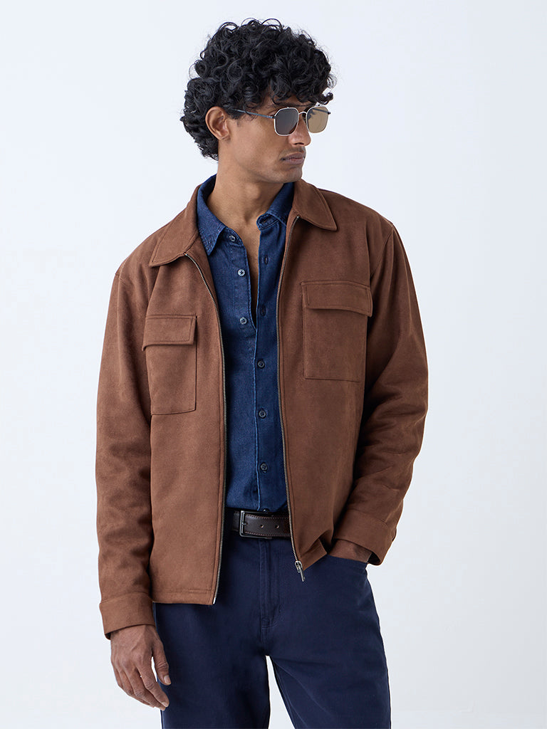 Buy Ascot Tan Relaxed-Fit Suede Jacket from Westside