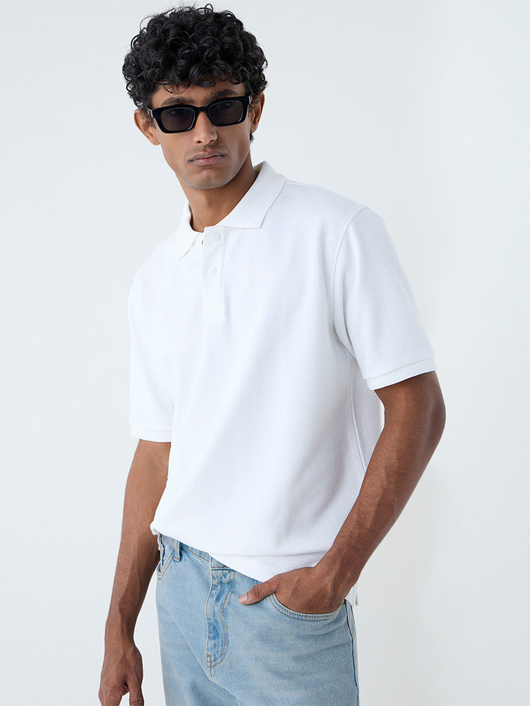 Westside WES Casuals Men's White Relaxed-Fit Cotton-Blend Polo T-Shirt for Casual Wear Front View