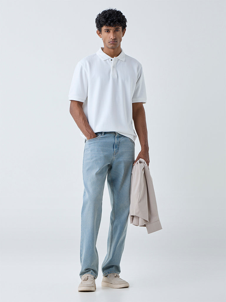 Westside WES Casuals Men's White Relaxed-Fit Cotton-Blend Polo T-Shirt for Casual Wear Full View