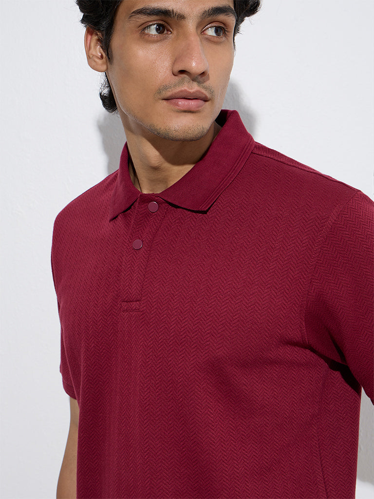 Westside WES Casuals Men's Wine Relaxed-Fit Cotton-Blend Polo T-Shirt for Casual Wear Zoomed View