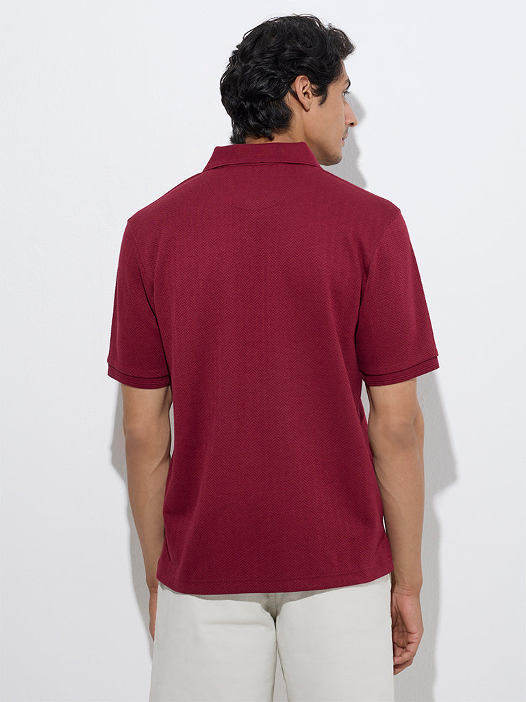 Westside WES Casuals Men's Wine Relaxed-Fit Cotton-Blend Polo T-Shirt for Casual Wear Back View