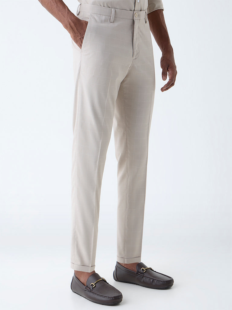WES Formals Beige Checkered Relaxed-Fit Mid-Rise Trousers