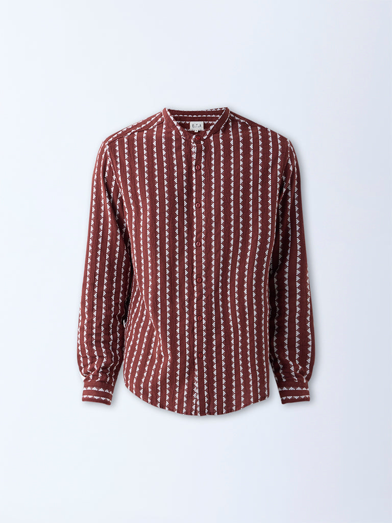 Westside ETA Men's Brown Embroidered Resort-Fit Cotton Shirt for Casual Wear Flatly