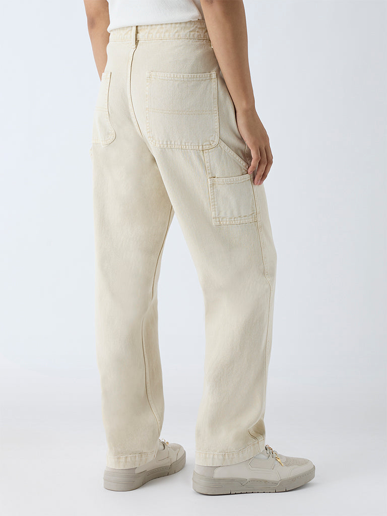 Westside Nuon Men's Beige Relaxed-Fit Mid-Rise Jeans for Casual Wear Back View