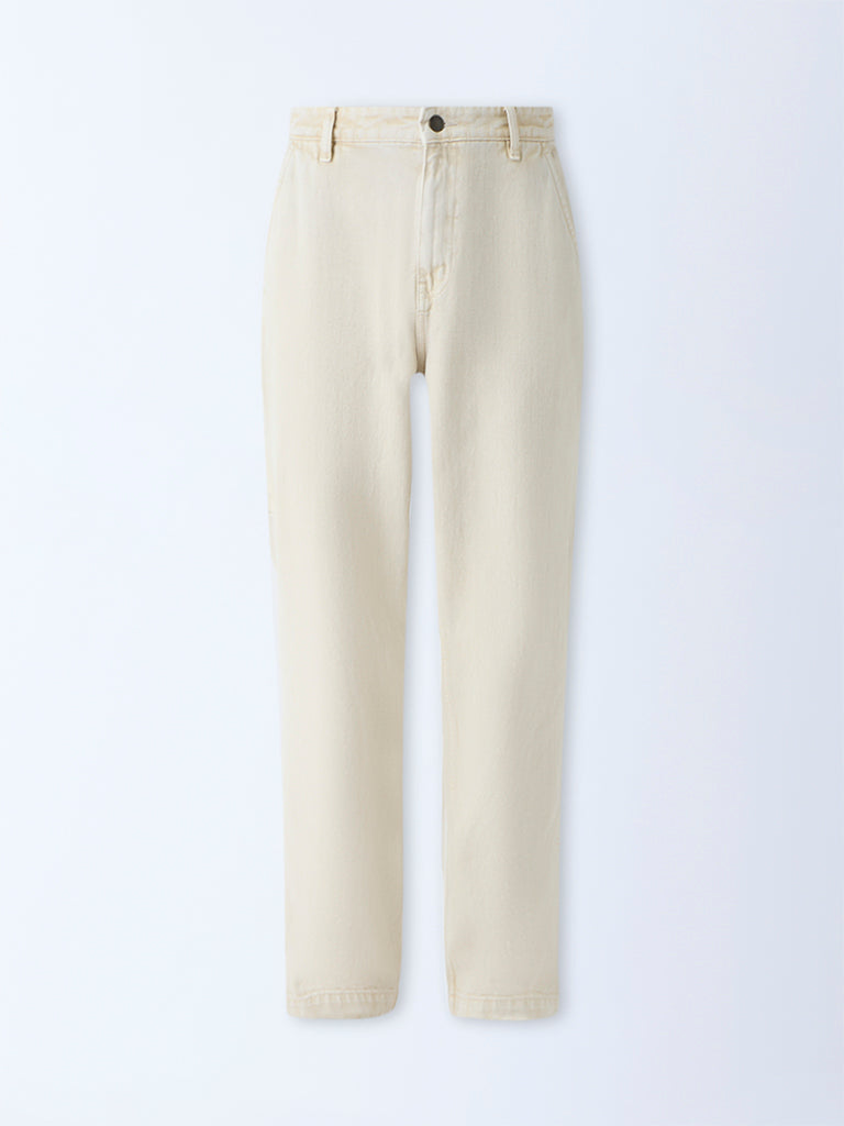 Westside Nuon Men's Beige Relaxed-Fit Mid-Rise Jeans for Casual Wear Flatlay