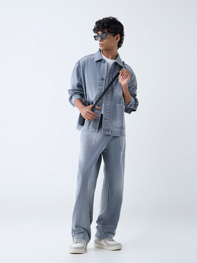 Westside Nuon Men's Grey Washed Relaxed-Fit Mid-Rise Jeans for Casual Wear Full View