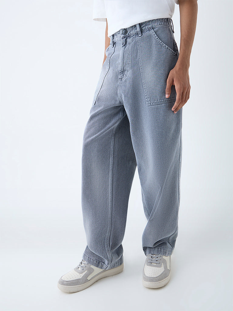 Westside Nuon Men's Grey Washed Relaxed-Fit Mid-Rise Jeans for Casual Wear Front View