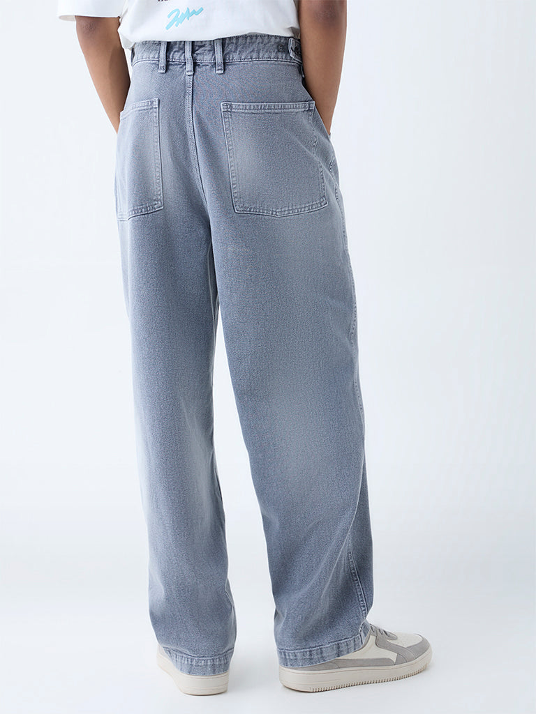 Westside Nuon Men's Grey Washed Relaxed-Fit Mid-Rise Jeans for Casual Wear Back View