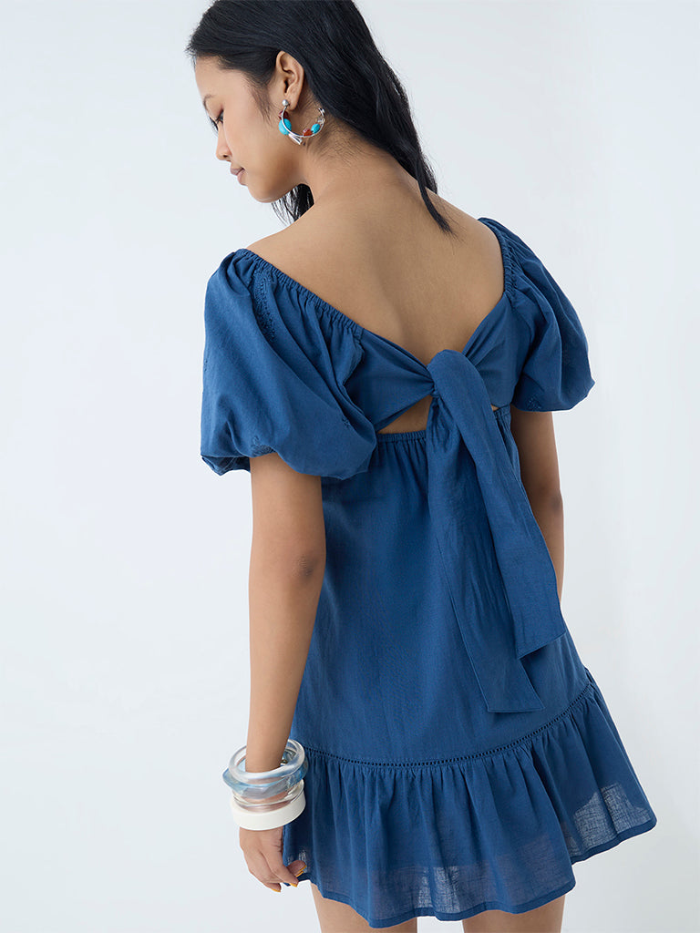 Westside Bombay Paisley Women's Indigo Embroidered Cotton A-Line Dress for Everyday Back View