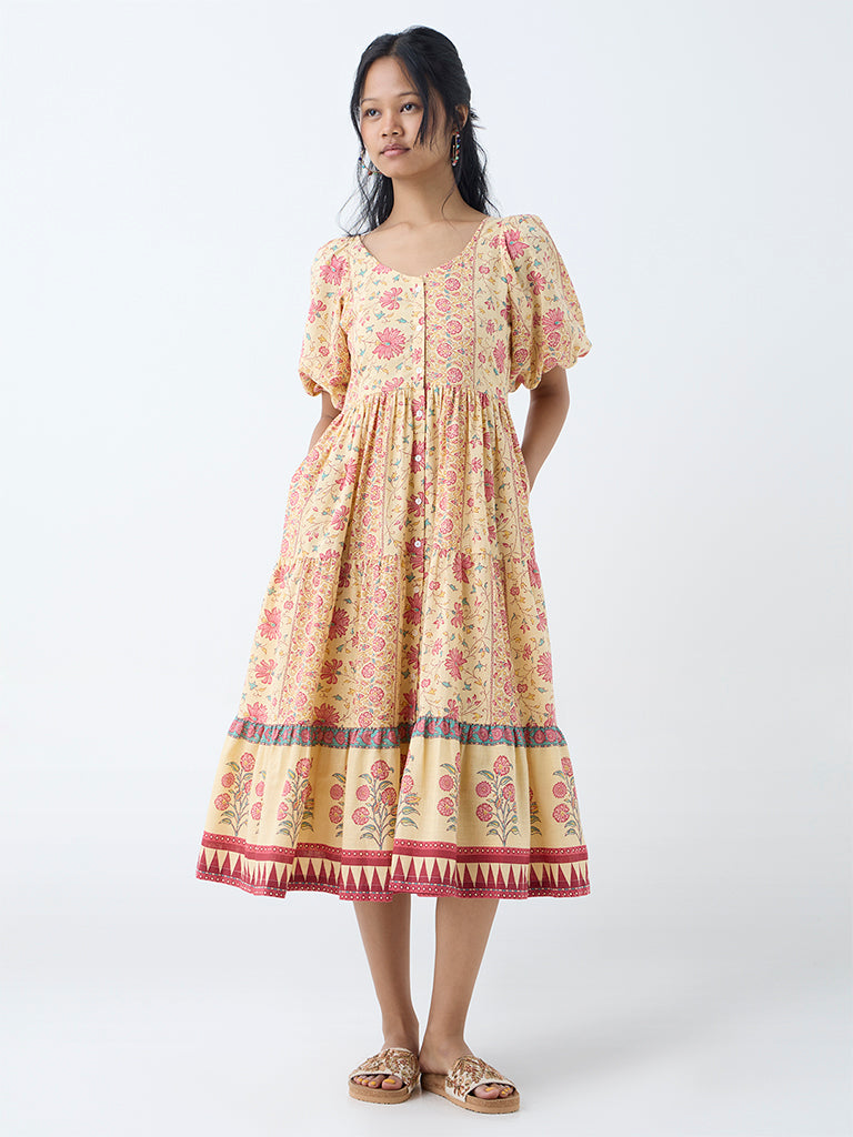 Westside Bombay Paisley Women's Yellow Floral Pattern Cotton Tiered Dress for Everyday Front View