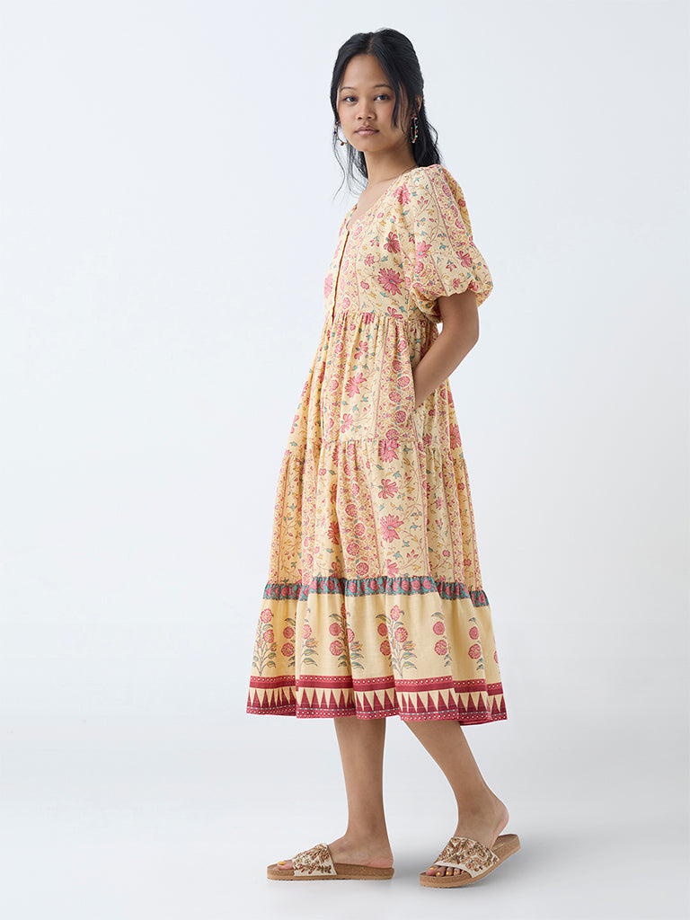 Westside Bombay Paisley Women's Yellow Floral Pattern Cotton Tiered Dress for Everyday Full View