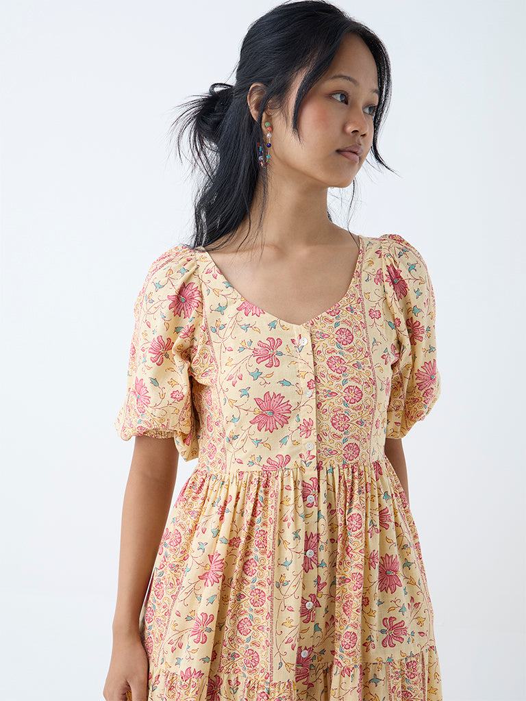 Westside Bombay Paisley Women's Yellow Floral Pattern Cotton Tiered Dress for Everyday Zoomed View