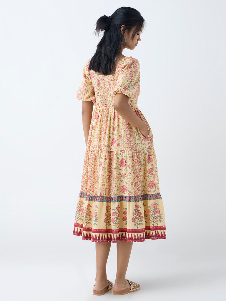 Westside Bombay Paisley Women's Yellow Floral Pattern Cotton Tiered Dress for Everyday Back View