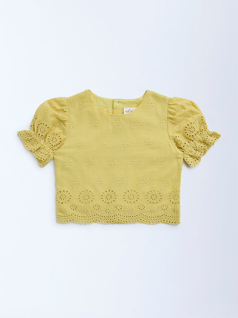 Utsa Kids Yellow Schiffli Design Cotton Ethnic Top - (2-8yrs)