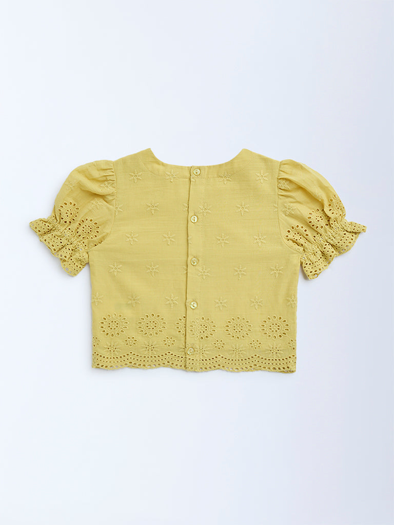 Utsa Kids Yellow Schiffli Design Cotton Ethnic Top - (2-8yrs)