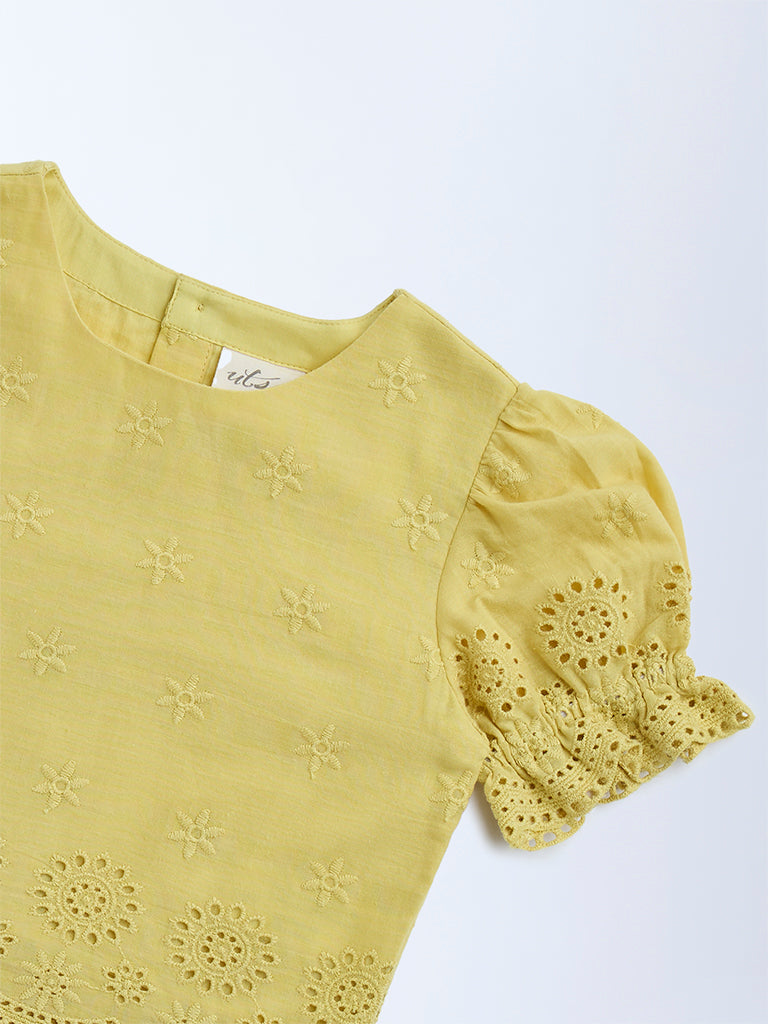 Utsa Kids Yellow Schiffli Design Cotton Ethnic Top - (2-8yrs)