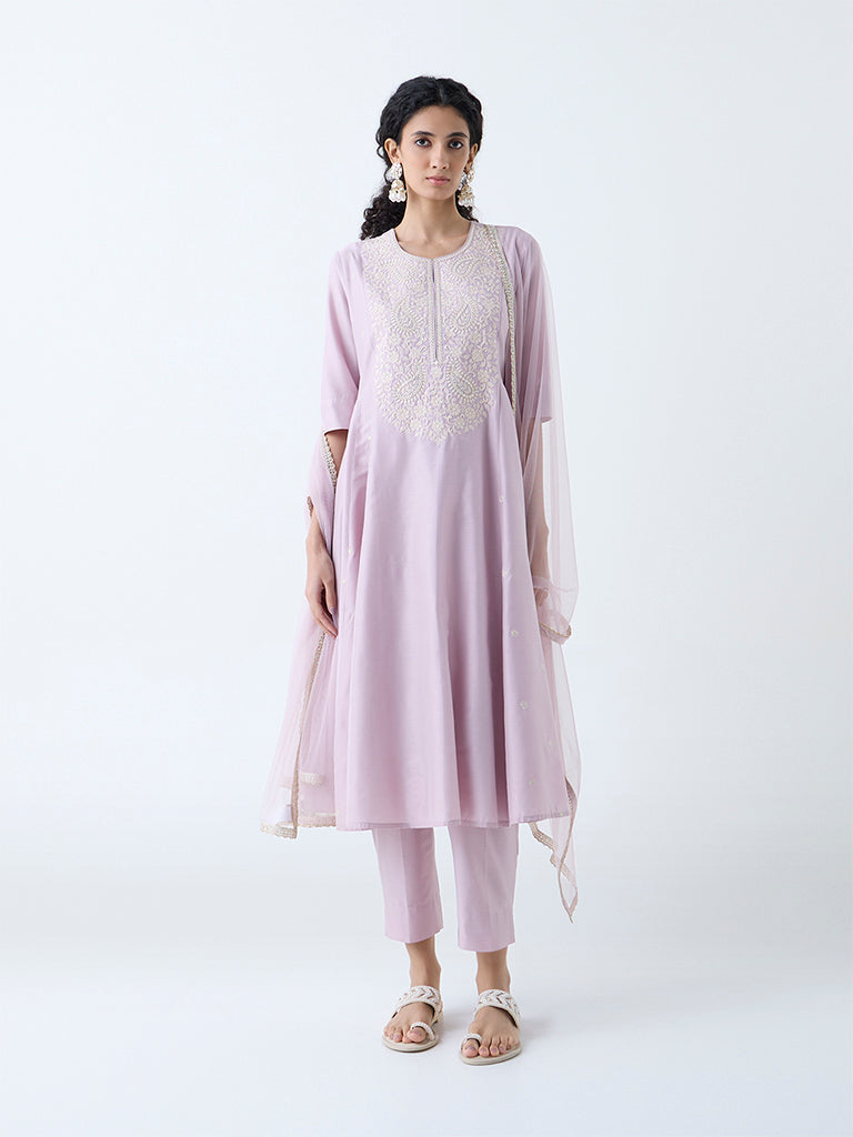 Westside Vark Women's Lilac Paisley Embroidered Anarkali Ethnic Set for Festive Wear Full View