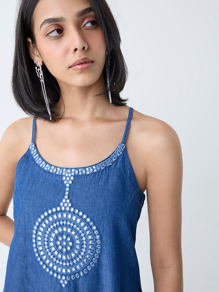 Utsa Indigo Mirror Detailed Denim A-Line Kurta