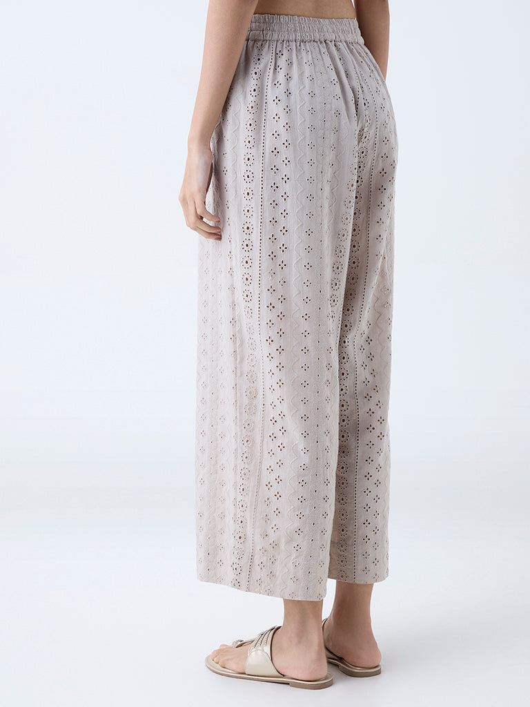 Westside Zuba Women's Taupe Schiffli Embroidered Cotton Palazzos for Work Wear Back View