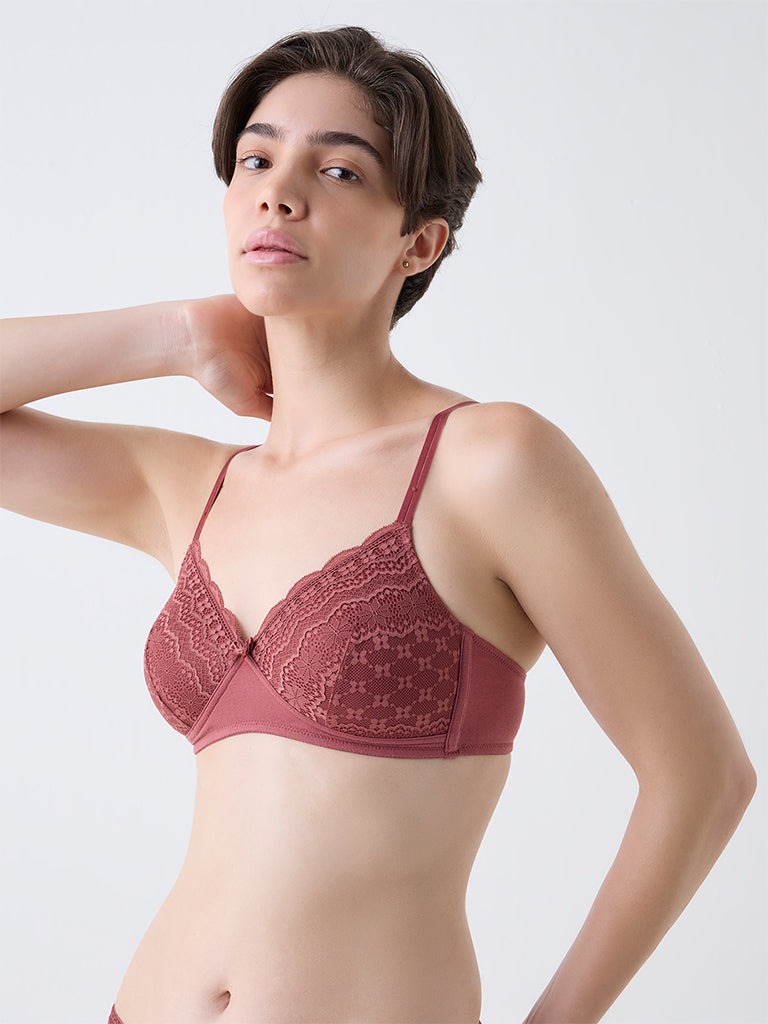 Wunderlove Brown Lace Cotton-Blend Padded Bra