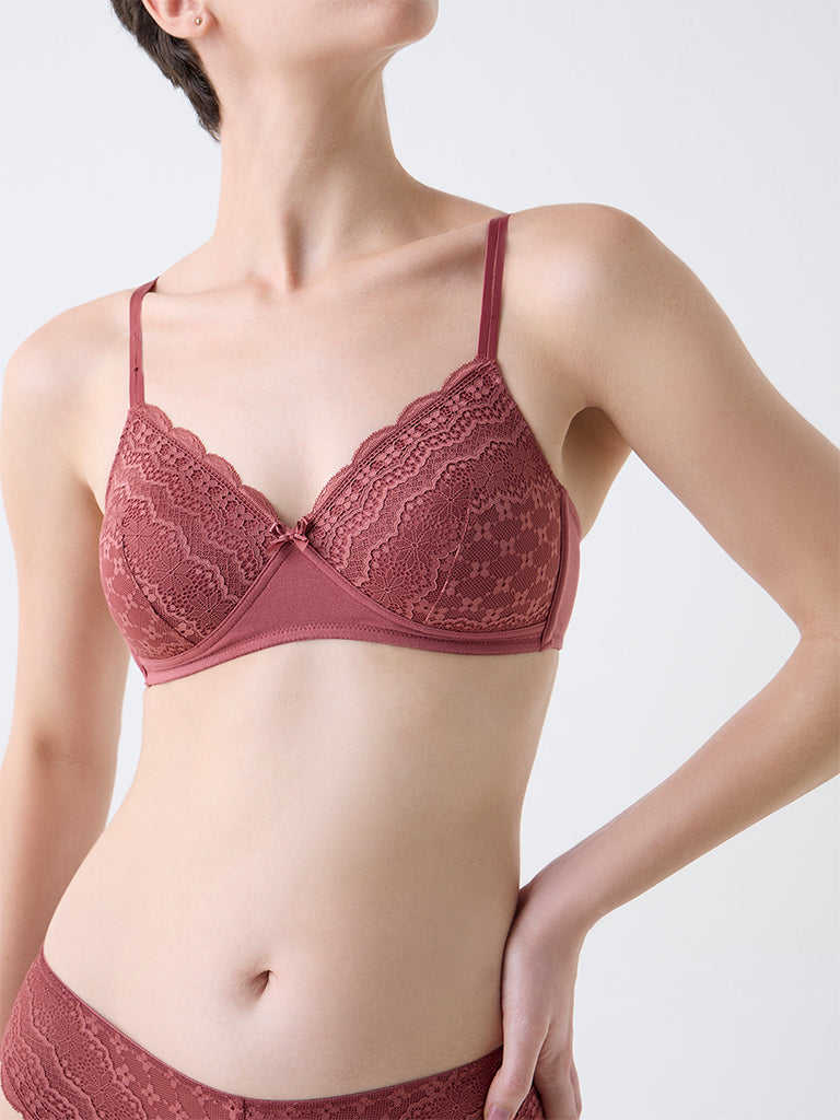 Wunderlove Brown Lace Cotton-Blend Padded Bra