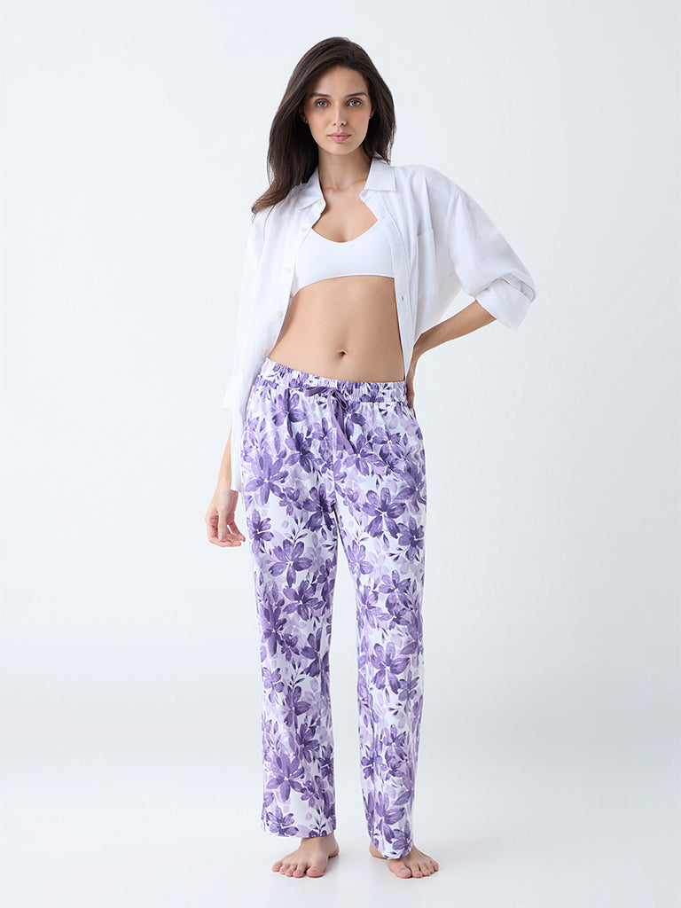 Wunderlove Purple Floral Design High-Rise Cotton Lounge Pants