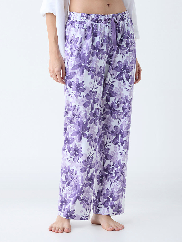 Wunderlove Purple Floral Design High-Rise Cotton Lounge Pants